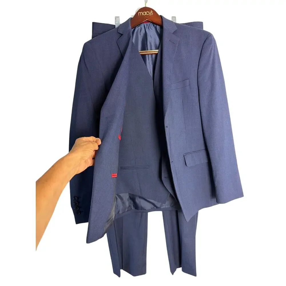 Alfani Men Slim Fit Blue 3 Piece Suit Jacket Vest Pants Set Size 32x30